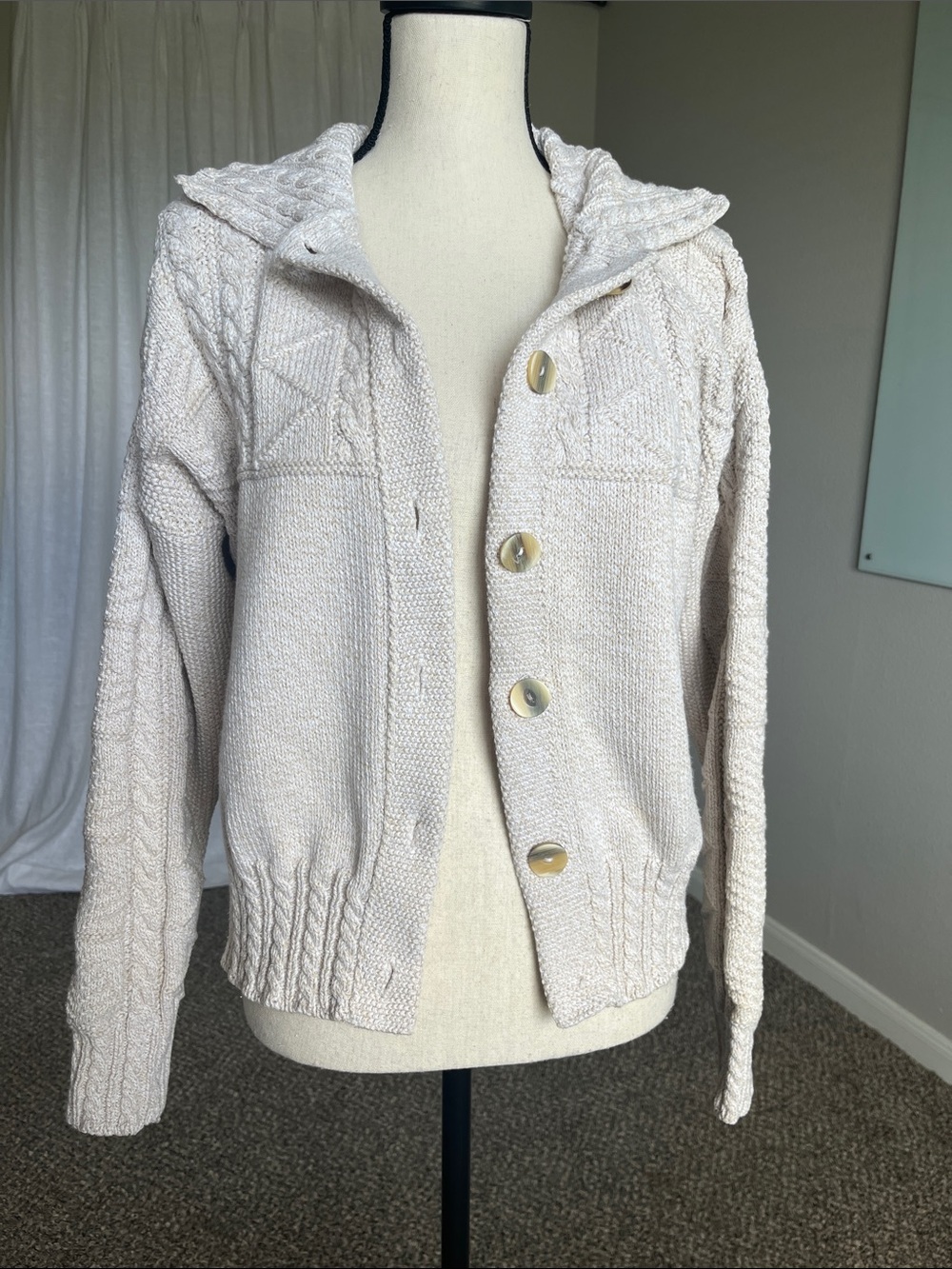 Vintage Liz Sport 100% Cotton Fisherman Cable Knit Cardigan Sweater L Cream